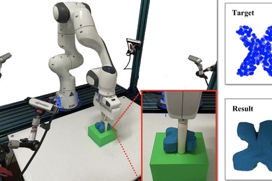 Robotic arm squishes a block of play dough into an x shape