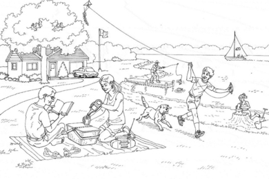 Line drawing of a busy picnic scene, with parents reading and preparing food, and a child flying a kite