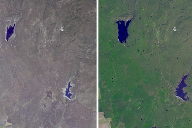 Side-by-side satellite images of a section of California. On the right is the first temporal image, which shows two moderate sized lakes surrounded by green vegetation. On the left is the second temporal image, which shows that the lakes have shrunk in size by about half, and the surrounding area is a dull brown.