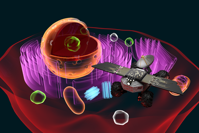 Colorful 3D graphic illustration of the insides of a cell, with a spaceship equipped with an dish antenna flying inside it