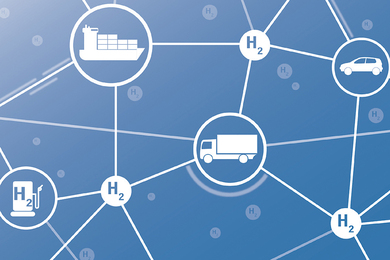On a blue background white icons of a shipping truck, car, hydrogen fuel station, and ship connecting to H2 bubbles
