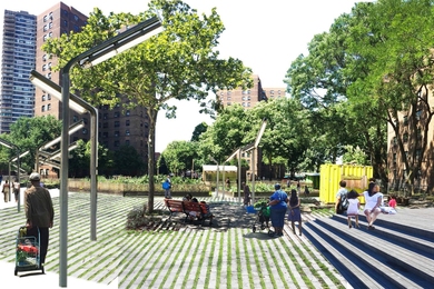 Realistic photo illustration showing people in a parklike urban plaza adjacent to city farming plots