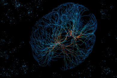 The foreground is a brain made of thread-like neural networks in blue and red. Circular lights blink on some neurons. Decorative black background.