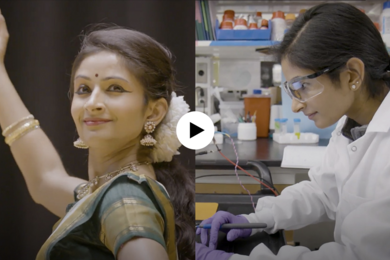 Side by side shots of Shriya Srinivasan dancing in green dress on right and observing samples in lab in white coat on right