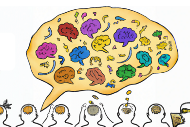Illustrated thought balloon in the shape of a human brain, filled with smaller multicolored brains, floating over small white heads containing even smaller brains