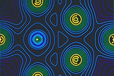 Abstract image of blue, green, and yellow grains surrounded by blue field lines on a deep blue background