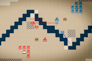 Eight pink digital robots stand left of blue line while ten blue digital robots stand right of blue line on virtual battlefield. Three pink robots, shaped as triangles, shoot towards one blue robot.