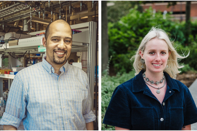 Split-screen: Photo of Fikile Brushett standing in a lab and a photo of Kara Rodby standing in front of some greenery