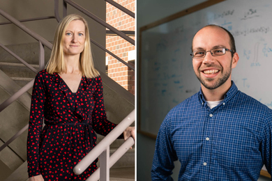 Side by side photos of Ellen Roche posing on an indoor stairway, and Justin Solomon posing in front of an office whiteboard