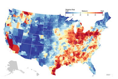 Map of the US showing pixels in blue over the mountain and western states, and pixels in yellow and red in the eastern states and southern California. A legend labeled "relative risk" shows that blue corresponds to low risk, yellow to medium risk, and red to high risk.