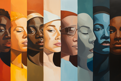 Eight multicolor verticle stripes, each containing an illustration of a partial face of varying ethnicities.