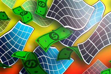 Illustration of dollar bills and twisty bluish black solar panels fluttering across the image.