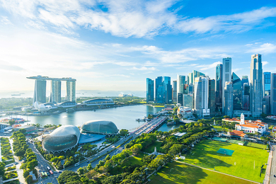 Aerial view of the city of Singapore on a sunny day