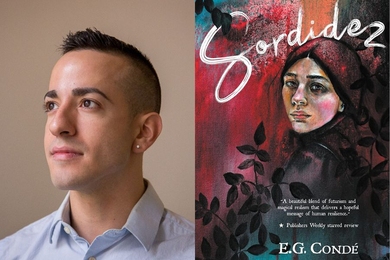Portrait photo of Steven Gonzalez next to the cover of his book, "Sordidez," featuring an illustration of a woman surrounded by tree leaves