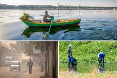 Collage of 3 photos: a man rowing a boat across a body of water, farmers bending down to work in rice paddies, and a man walking along an urban street obscured by pollution haze. 