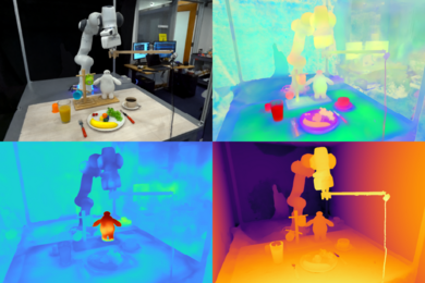 Two by two grid of images. At top left, a large robotic arm with objects it can pick up, including a white doll, a banana, multicolored building blocks, and green grapes. The other three panels show the same demonstration setup in different heat signatures.