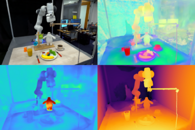 research paper on computer science topics Two by two grid of images. At top left, a large robotic arm with objects it can pick up, including a white doll, a banana, multicolored building blocks, and green grapes. The other three panels show the same demonstration setup in different heat signatures.