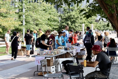 An outdoor area shaded by trees and two rows of tables filled with books is well-attended by shoppers.