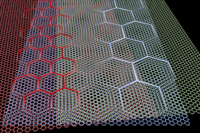 Graphic showing 3 layers of graphene that, when superimposed, display large hexagonal patterns in certain locations