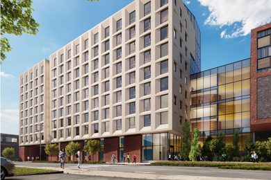 Architectural rendering of exterior of a nine-story concrete and brick building