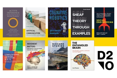 9 book jackets are shown, including Active Inference, The Entangled Brain, Computational Thinking Education in K–12, Cognitive Robotics, Sheaf Theory through Examples, Movement Matters, Artificial Communication, Discard Studies, and Social Engineering.