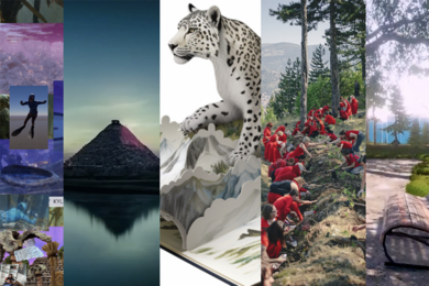 Five strips show different visual projects: collage of people and sea-related scenes; mesoamerican pyramid next to a pool of water, illustration of a snow leopard; photo of 30 or so people wearing red outfits, digging in a trench; a park bench next to some trees