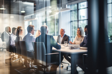 Photo of a dozen or so business people sitting around a conference table in a glass-walled office