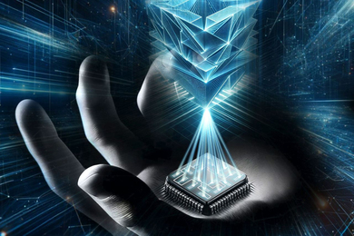 Graphic of hand holding a glowing chip-based 3D printer