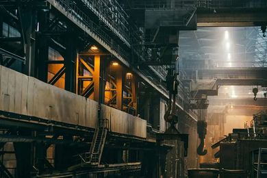 Photo of the dimly lit interior of a large factory