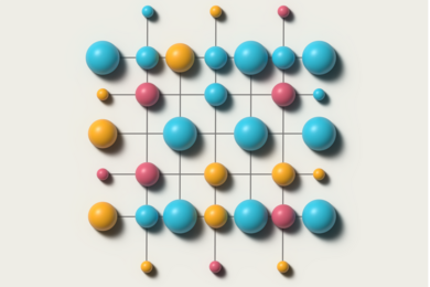 Graphic showing a grid of dots representing atoms in cyan, magenta, and yellow. There are about 40 dots in total.