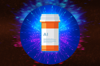 Illustration of a pill bottle that says “AI” and with Ghassemi’s 3 precautions listed. A neural network is in the background.