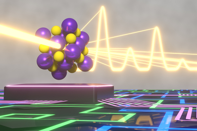 A laser beam hits a bundle of spheres. After that, it spits and creates a wave form.