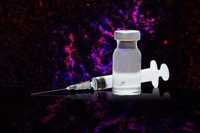 A syringe and vial in front of a view of a lymph node shown in pink and blue splotches.