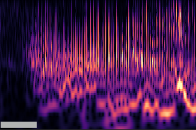 Colorful spikes depict neural activity at progressively higher stimulation currents. On the left, the colors are dim. On the right, they are brighter and warmer, indicating a seizure.