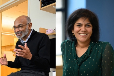 At left, Emery Brown sits in an office in conversation. At right, Hamsa Balakrishnan portrait photo.