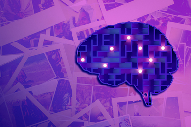 A maze-like brain with lights, with photos in background.