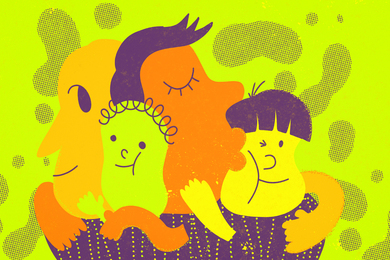 A colorful family has a group hug.