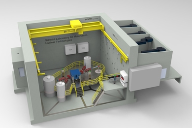 Cutaway rendering of the Schmidt Laboratory for Materials in Nuclear Technologies (LMNT), showing a cyclotron surrounded by experimental stations inside a concrete research vault with overhead crane and support equipment.