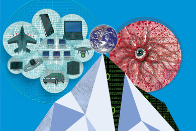 An editorial illustration depicting an iceberg with the earth balanced at the tipping point. To the left is a blue circle enclosing various computer systems, and to the right is a red orb with an eye coming out of a virus-like depiction, representing cybersecurity threats.