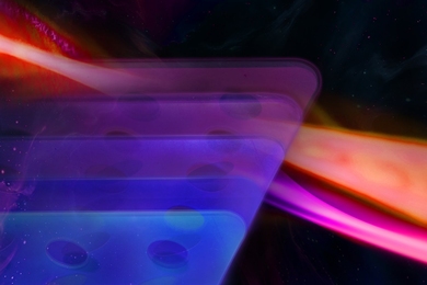 Colorful schematic showing five thin blue sheets of material with circular holes manipulating a multicolor beam of light