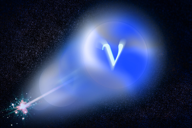 A neutrino is represented as a sphere with the letter ‘v,’ and is shot out through space like a laser.