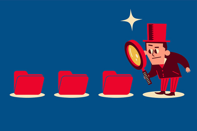 Cartoon detective examining files with a magnifying glass