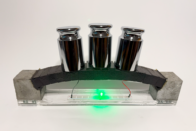 Photo of a miniature concrete arch: Rectangular, black electrodes form an arch between two concrete blocks, with metal weights on top of the arch. The system is connected to and powers a small green LED.