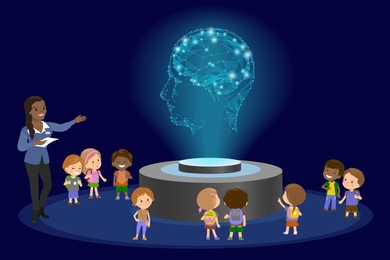 Nine cartoon children and a teacher surround a raised circular platform projecting a digital image of a human head