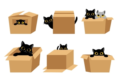 Illustration of multiple cartoon cats in boxes