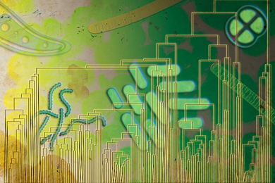 A minimalist evolutionary tree in front of stylized cyanobacteria.