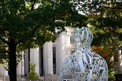 Photo of "The Alchemist" sculpture at MIT, a human bust comprised of numbers and symbols