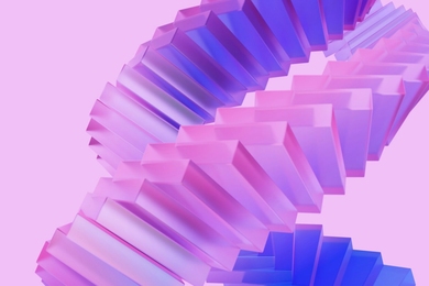 Abstract pink and blue 3D geometric staircase-like spiral with gradient blocks on pastel background
