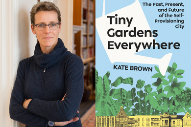 Portrait of Kate Brown, left. On right, the cover of the book shows a collage of oversized vines and plants over city buildings.