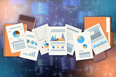 Documents with various charts on futuristic database-style background.